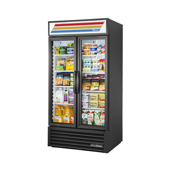 GDM-41-HC-LD 48" Black 2-Sliding Door Refrigerated Merchandiser With LED Lighting